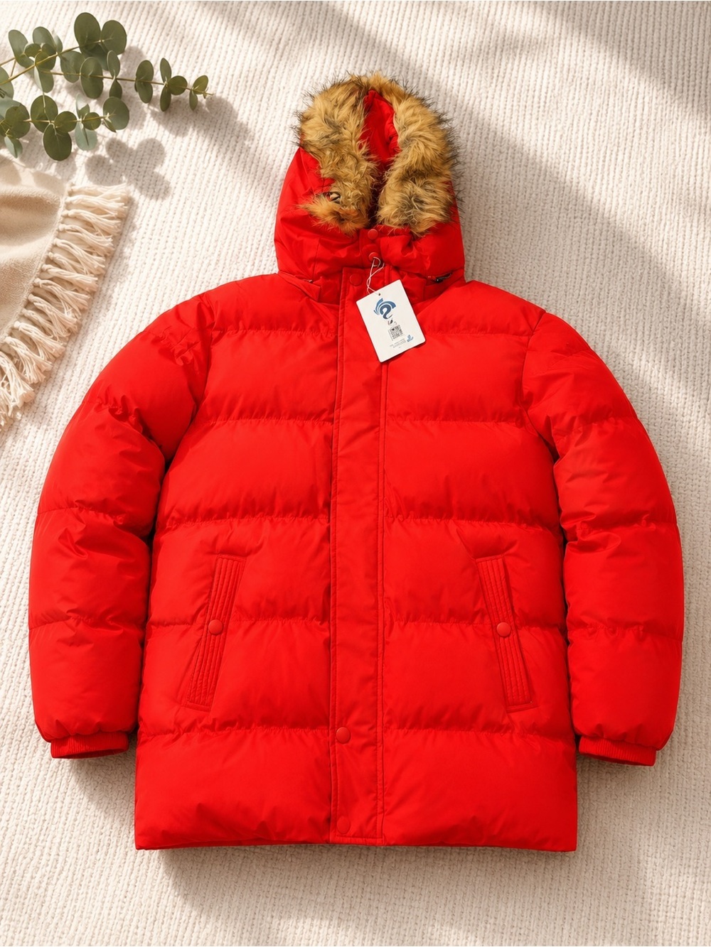 Children's Bright Red Puffer Coat with Faux-Fur Hood